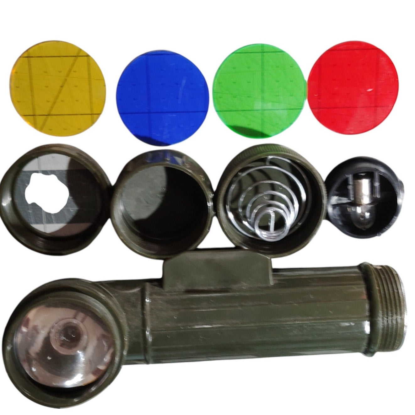 TL-122 Military Surplus Flashlight w/Red, Green, Yellow & Blue Lens & Extra Bulb