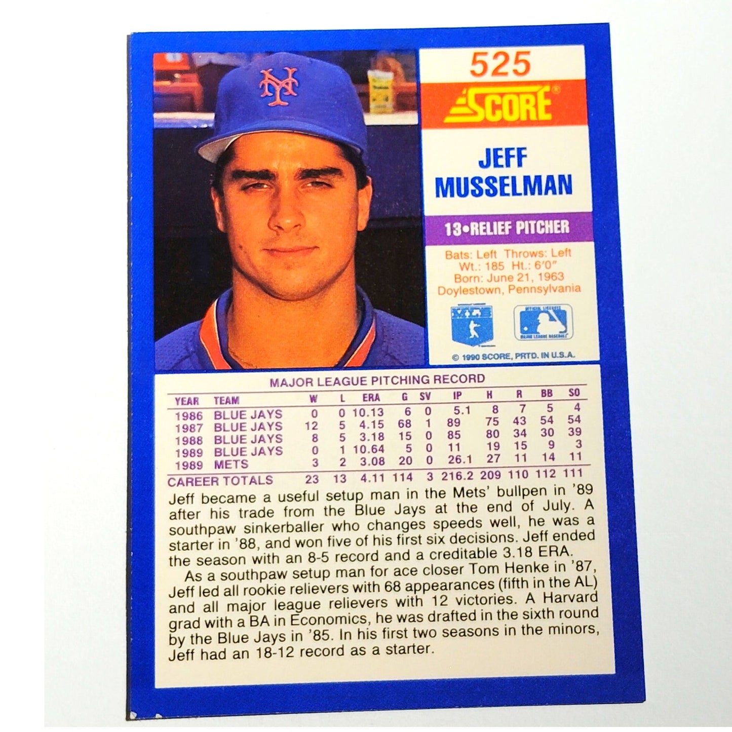 1990 Score Jeff Musselman #525 New York Mets Relief Pitcher MLB Baseball EX