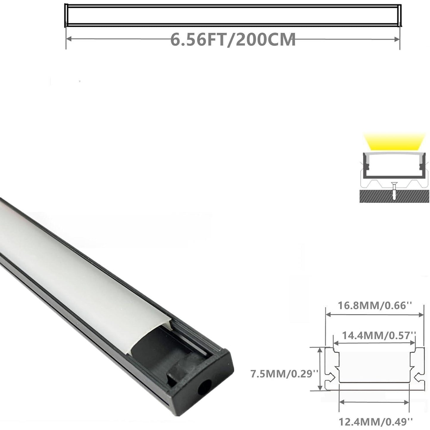 10-PK LED Strip U Channel Diffuser, 6.56 FT. Black Aluminum Track w/ Milky Cover