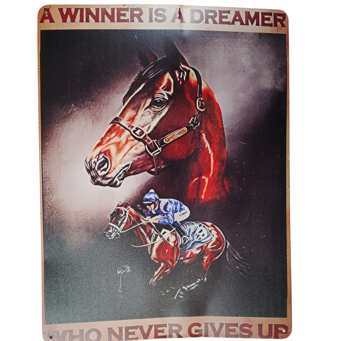 Horse Riding Tin Sign “A Winner Is a Dreamer Who Never Gives Up”, Vintage Metal Wall Plaque 12"x16"