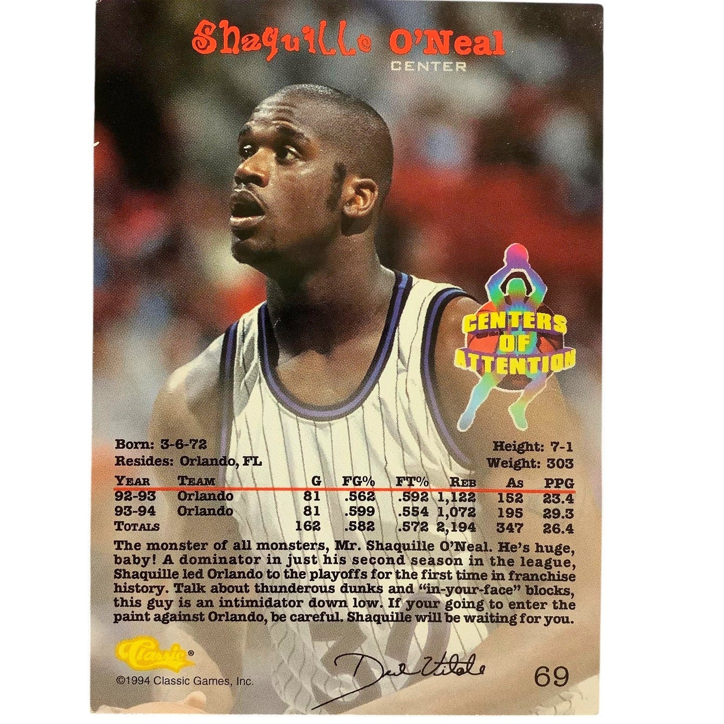 Shaquille O'Neal, Orlando Magic, Classics 1994 Centers of Attention, Card 69 EXC