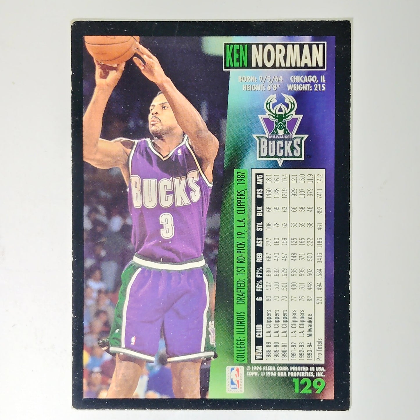 1994–95 Fleer Ken Norman #129 – Milwaukee Bucks / Atlanta Hawks – F– NBA Card