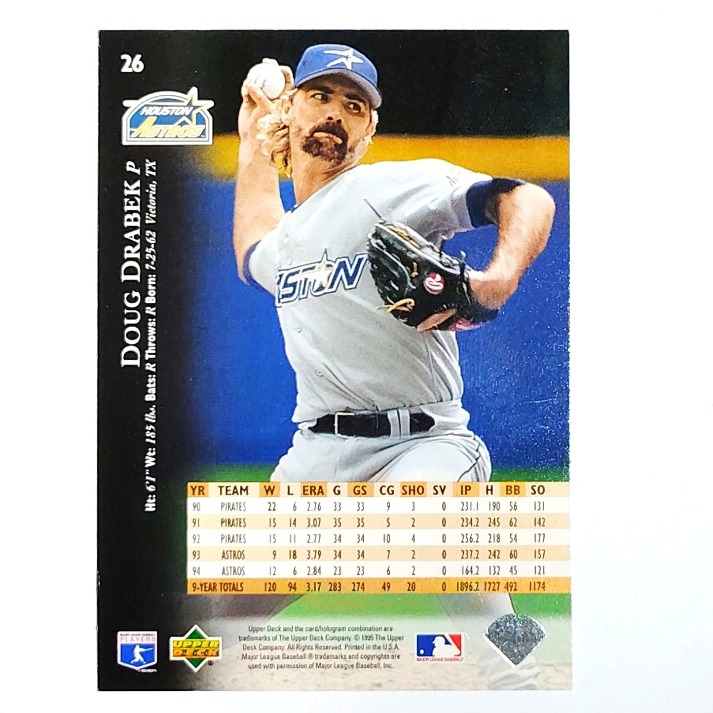 1995 Upper Deck Doug Drabek #26 Houston Astros Pitcher Portrait Shot VG/EX