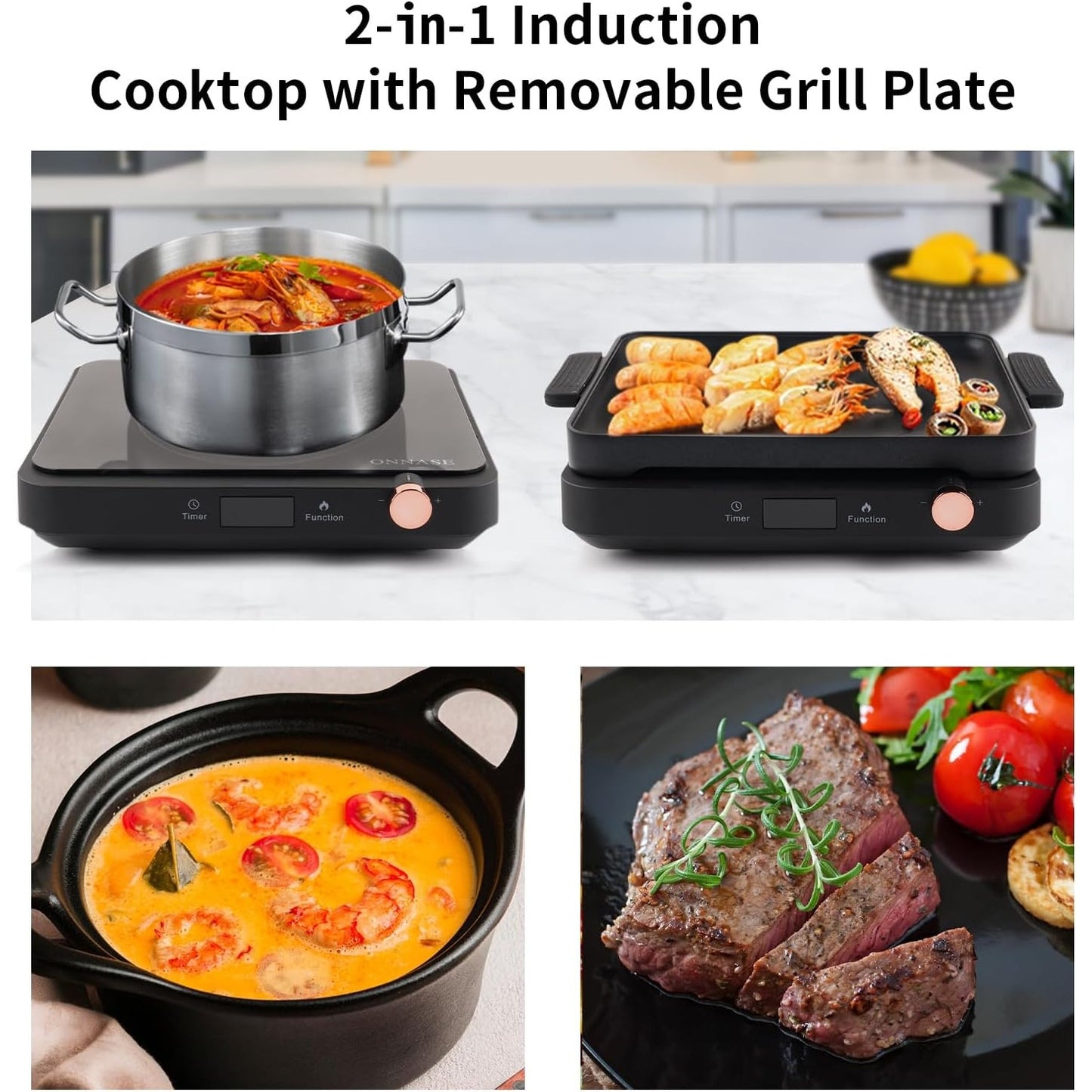Portable Induction Cooktop, 1200W Single Burner with 2-in-1 Nonstick Griddle Plates, Black