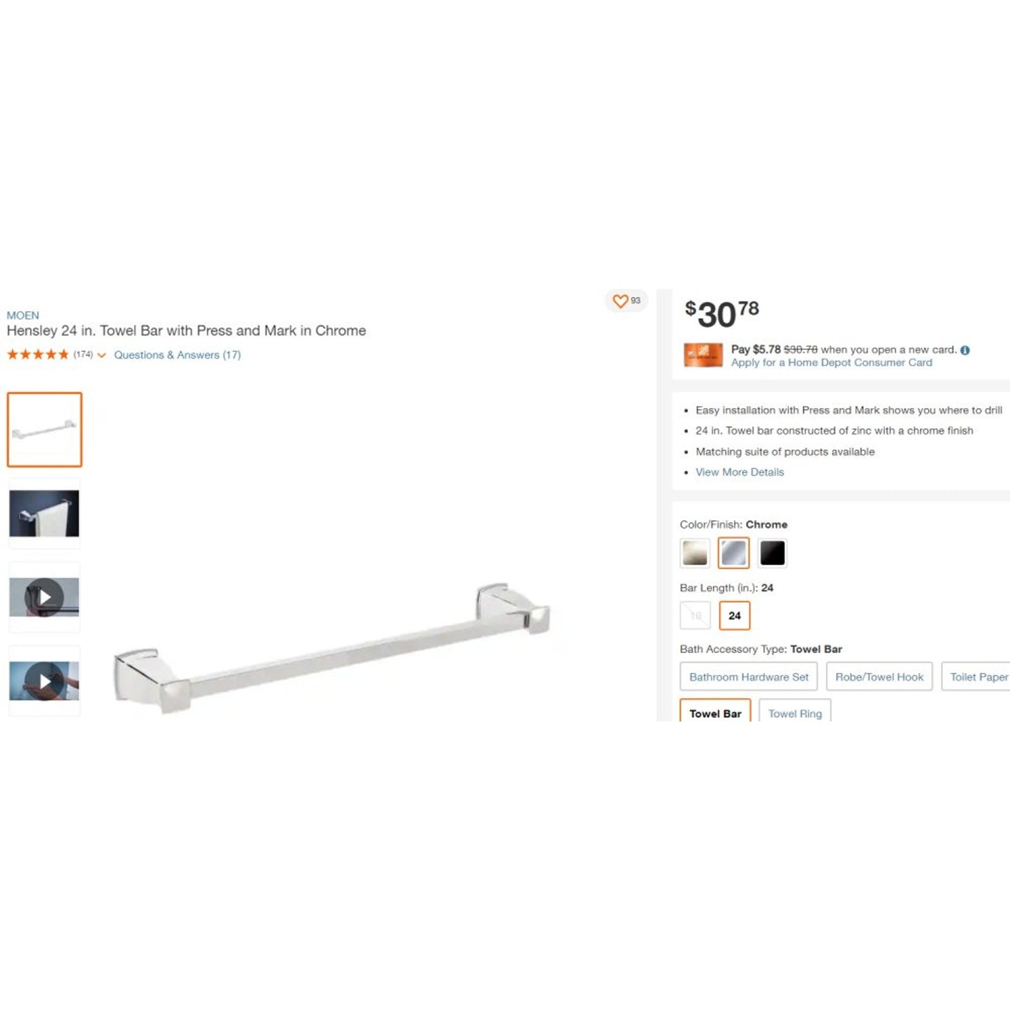MOEN Hensley 24 in. Towel Bar with Press and Mark in Chrome - Free Shipping