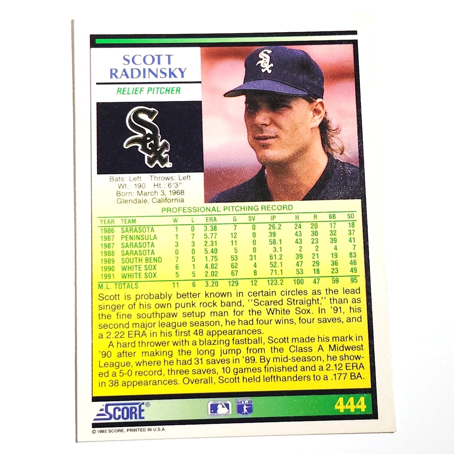 1992 Score Scott Radinsky #444 Chicago White Sox Relief Pitcher MLB Baseball NM