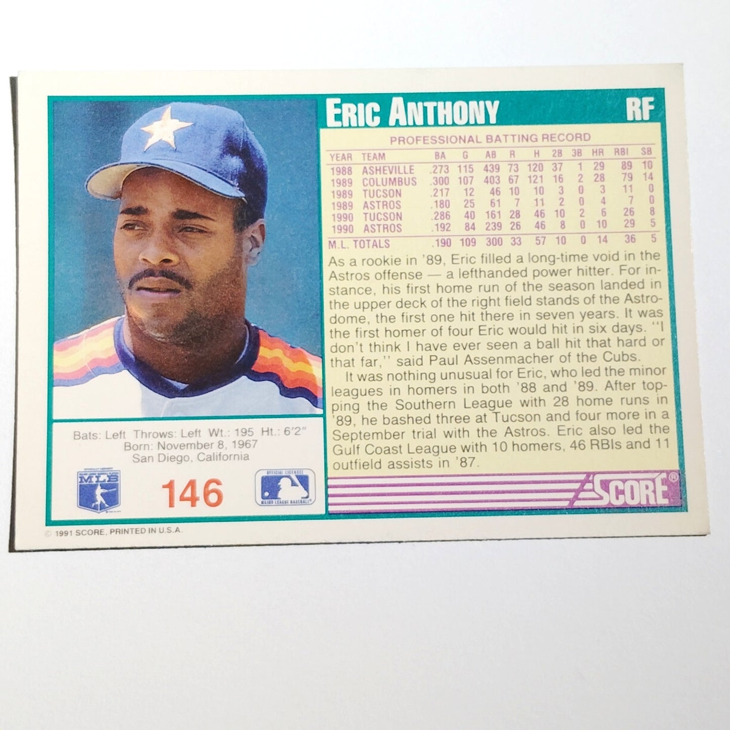 1991 Score Eric Anthony #146 Houston Astros Outfielder MLB Baseball Card NM