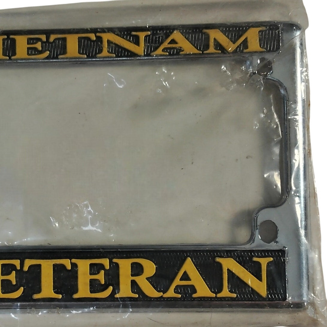 Vietnam Veteran Motorcycle License Plate Frame – Chromed Metal, Yellow Text on Black, Made in USA