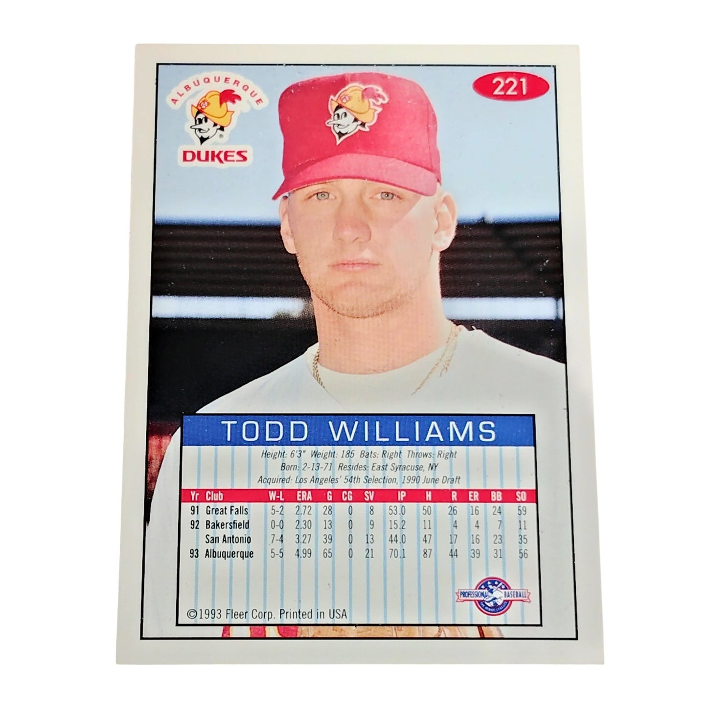 Todd Williams, Albuquerque Dukes, No. 221, 93-94 Fleer Excel Minor Leagues