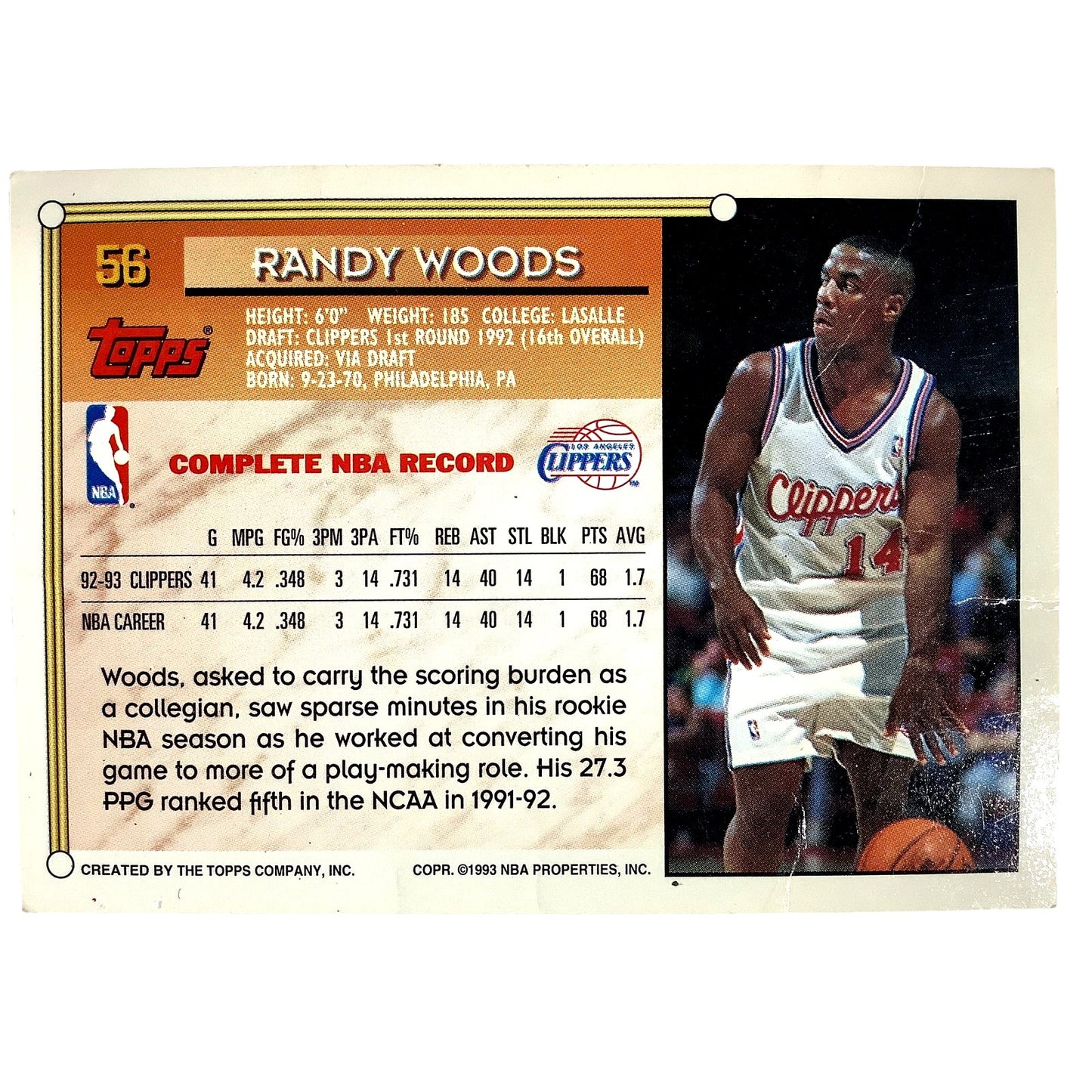 Randy Woods, Los Angeles Clippers, 1993 Topps Collector's Card 56, EXC