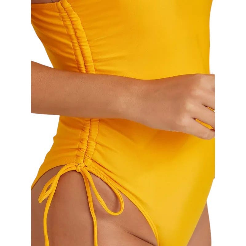 Brazilian One Shoulder Tummy Control Ruched Swimsuit, High Cut, Yellow, Medium