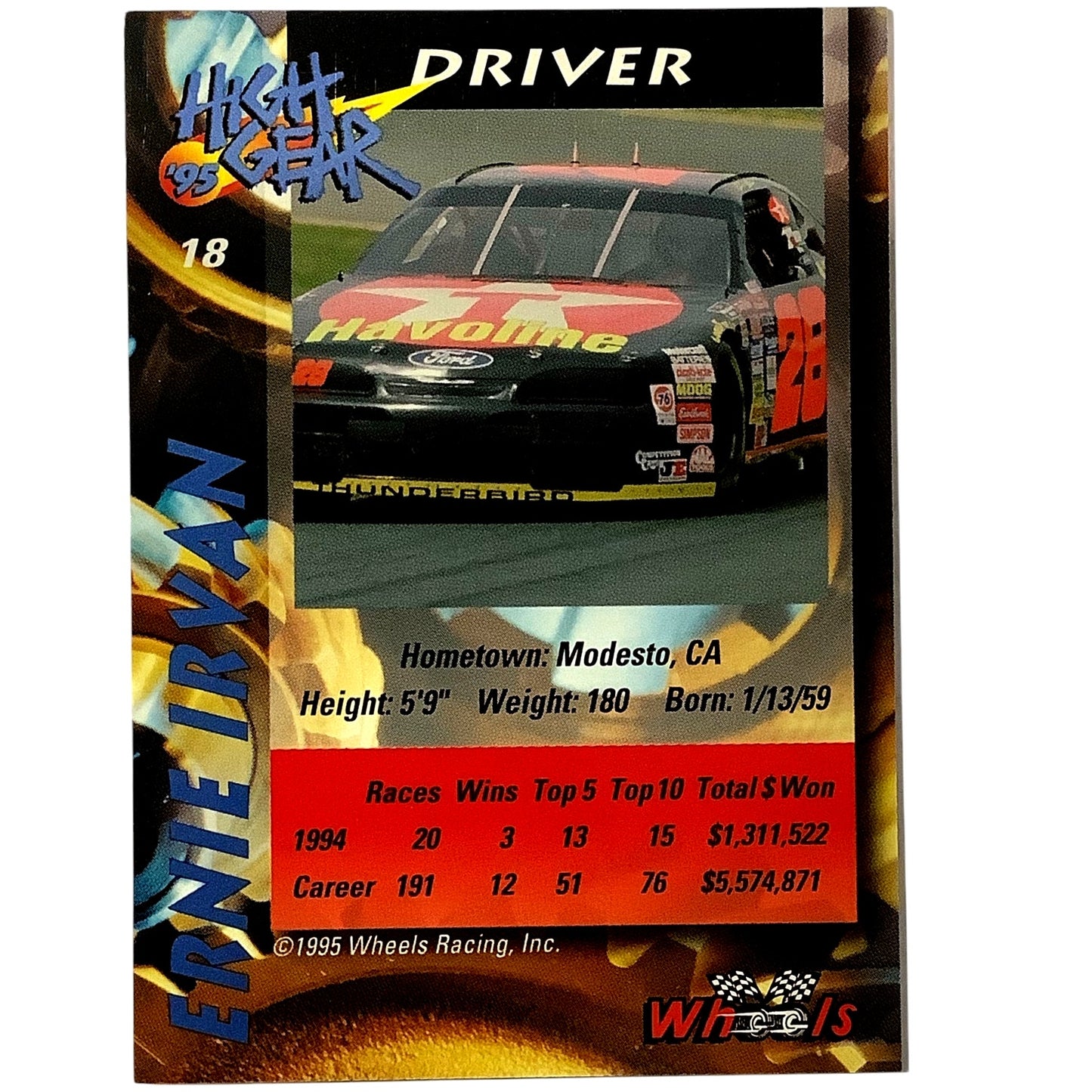 NASCAR Driver- Ernie Irvan #28, High Gear '95 Wheels Racing Inc., Card #18, NM