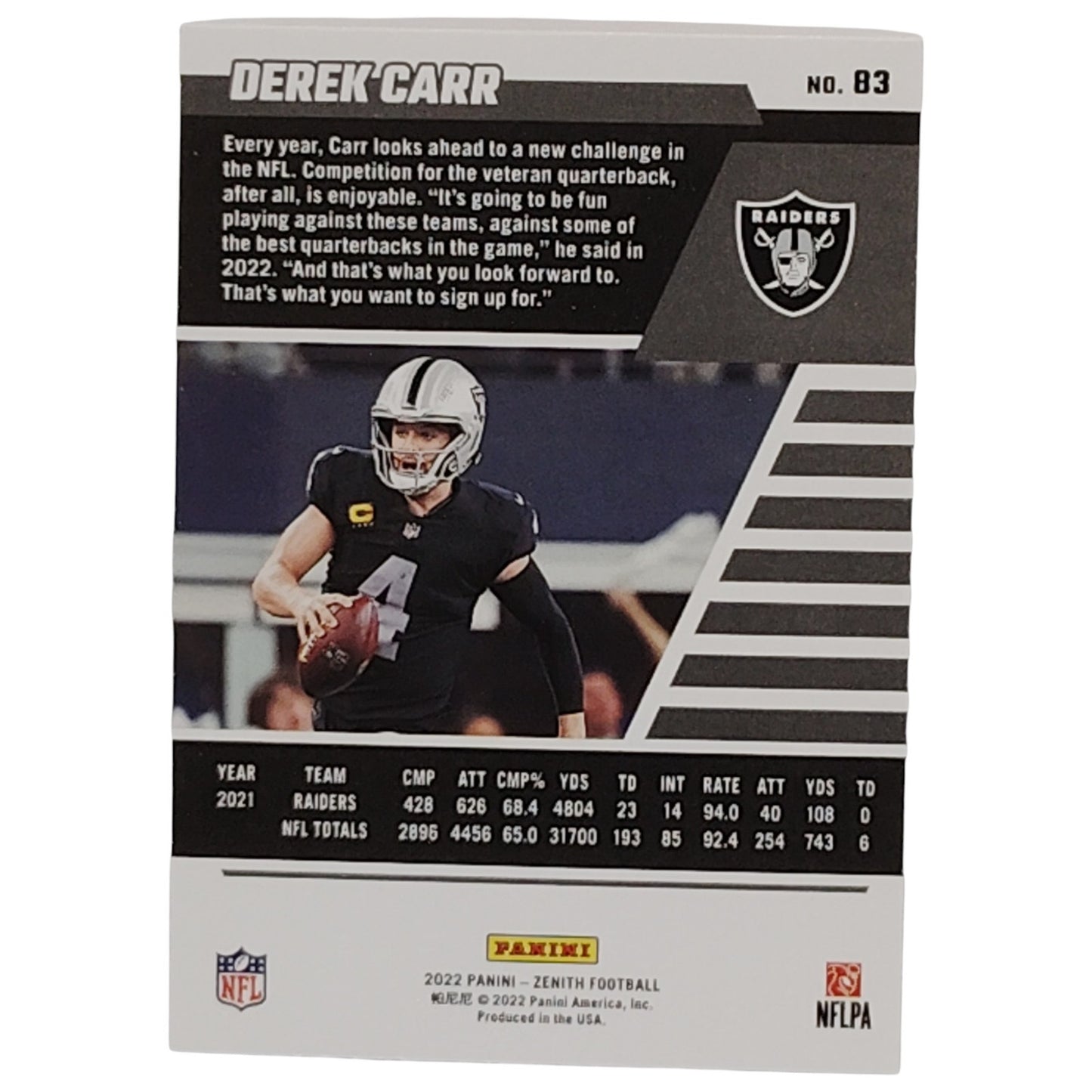 Derek Carr, Las Vegas Raiders , NFL 2022 Panini-Zenith Card 83, EX/NM