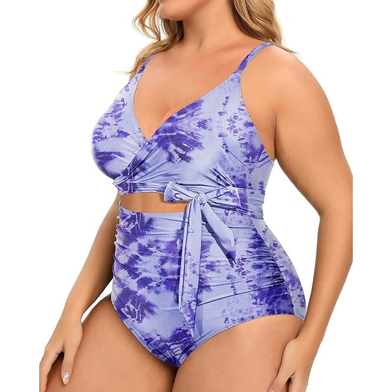 Daci Blue Tie Dye, One Piece High Waisted Tummy Control Cutout Lace up 14W Plus