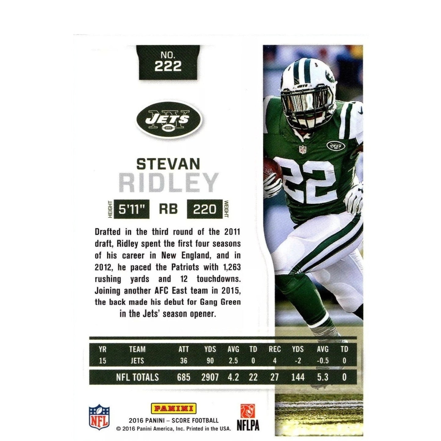 Stevan Ridley, New York Jets, NFL, Panini Score 2016, Card 222, EX/NM