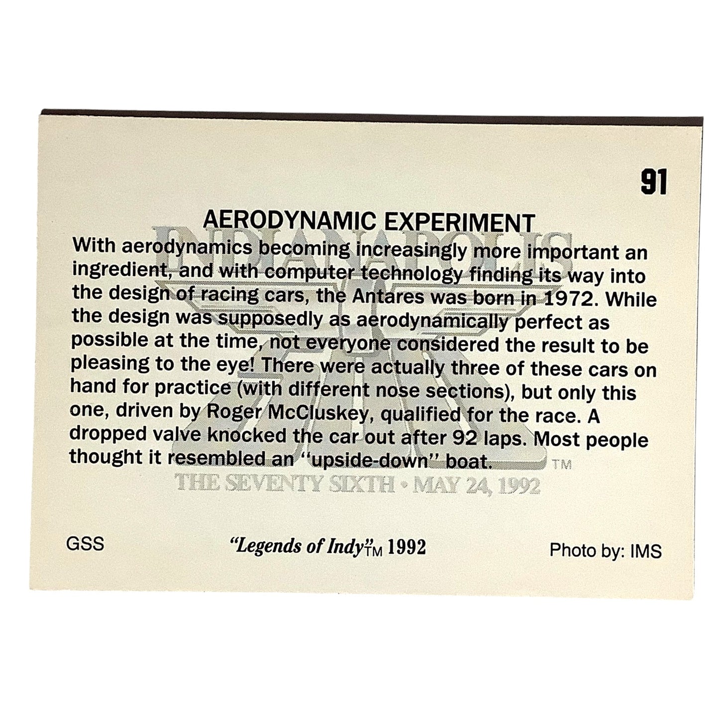 1972 Aerodynamic Experiment Indy 500, '72 Action, 1992 Legends of Indy, Card #83