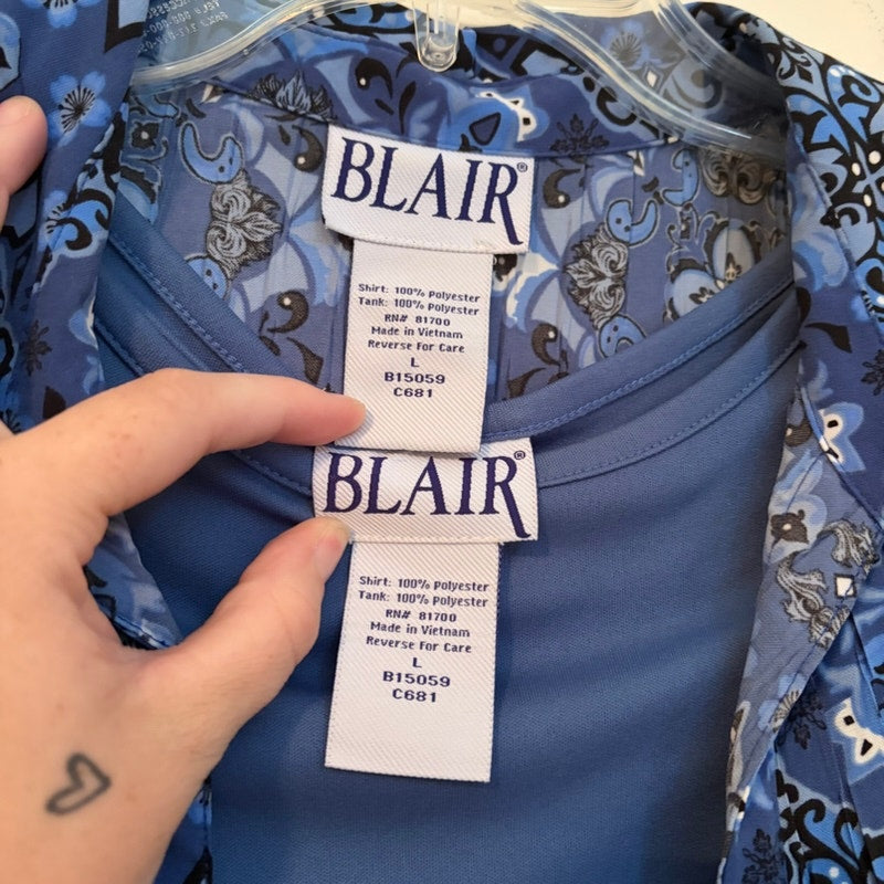 Blair Women's L 2PC Blue Floral Paisley 3/4 Sleeve Blouse & Tank Top Set