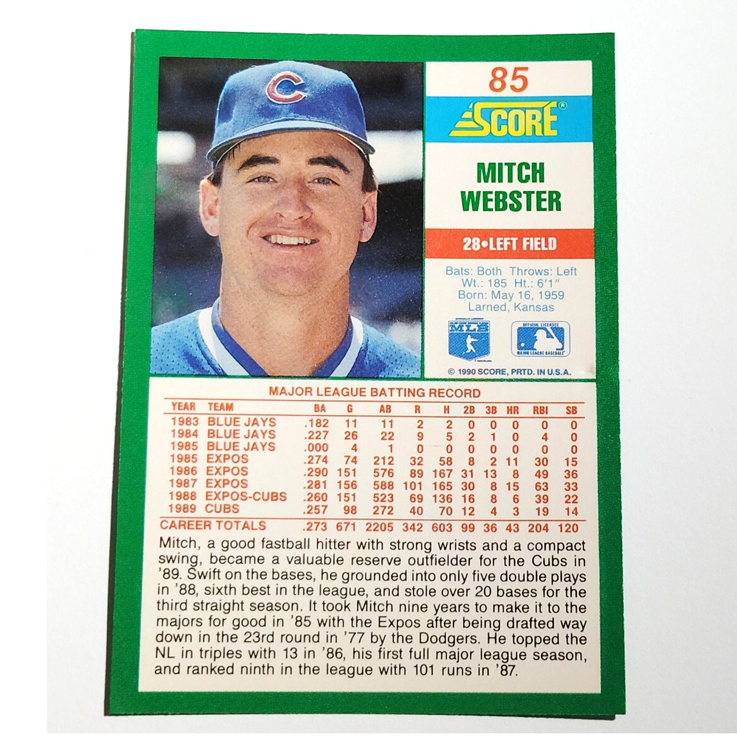 1990 Score Mitch Webster Card No. 85 Chicago Cubs OF VG/EX