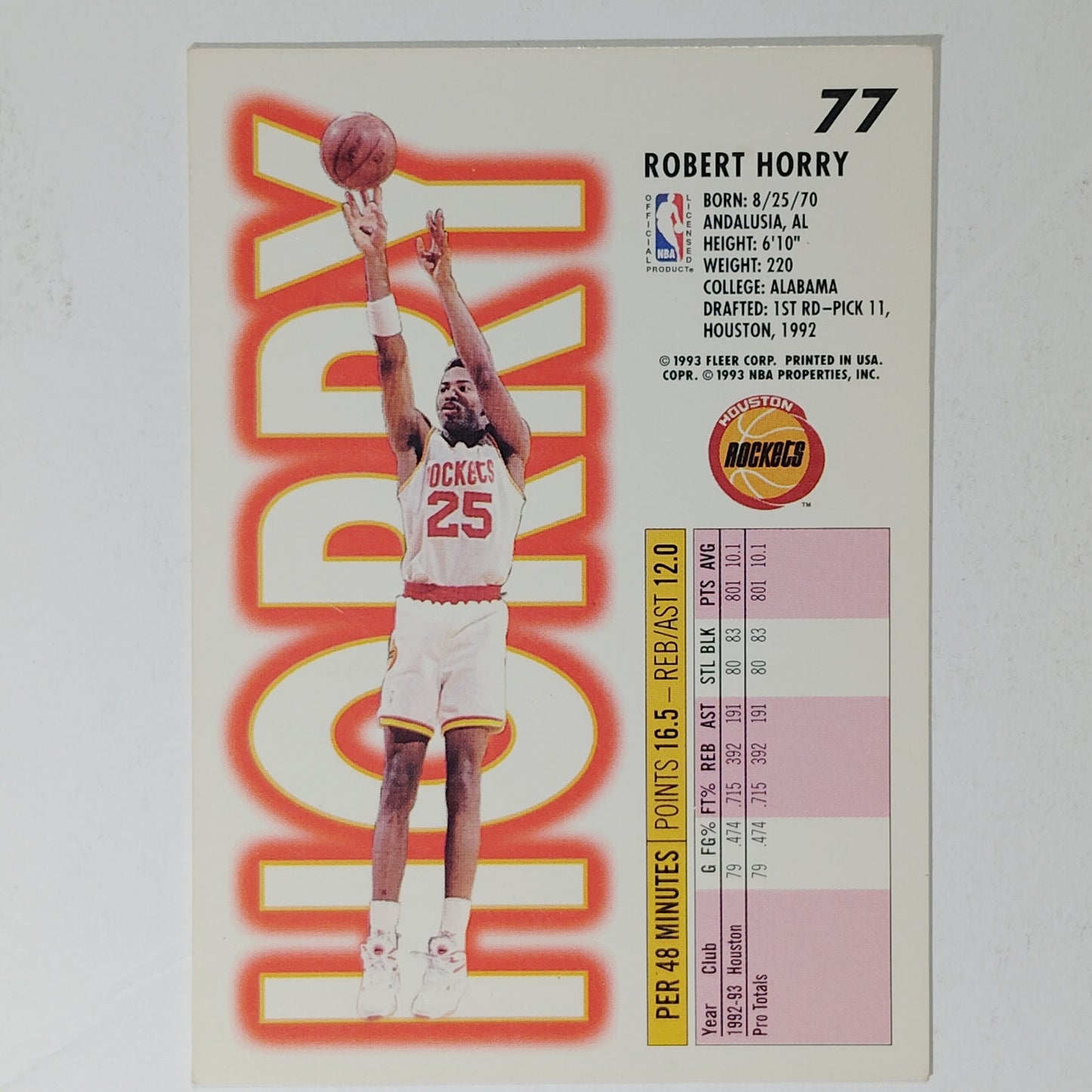 1993–94 Fleer Robert Horry #77 – Houston Rockets – Forward – VG/EX