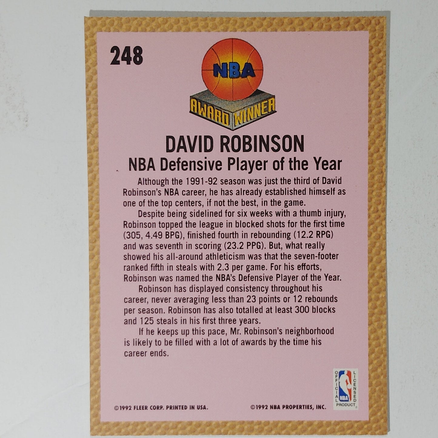 1992-93 Fleer David Robinson Card No. 248 – Award Winner – Spurs – VG/EX
