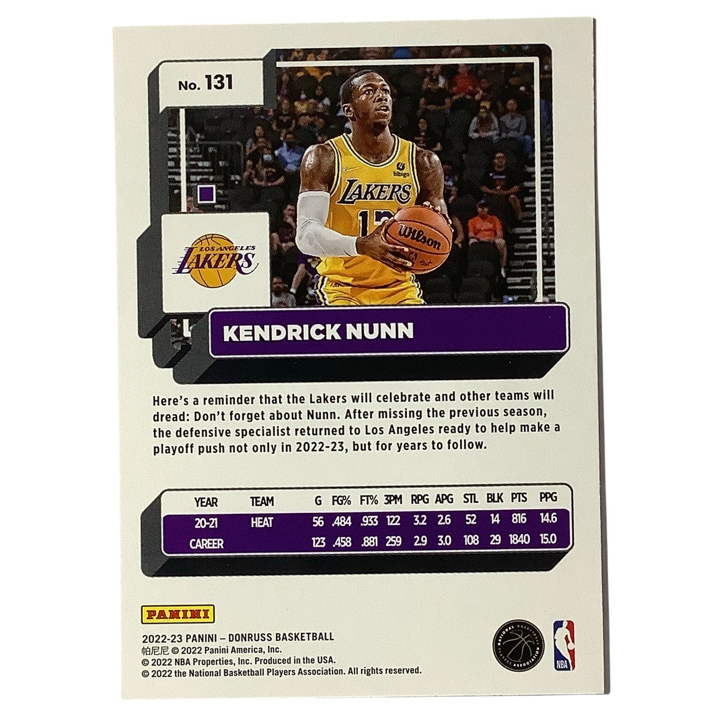 Kendrick Nunn, Card #131, Los Angeles Lakers, 2022-23 NBA Panini Donruss