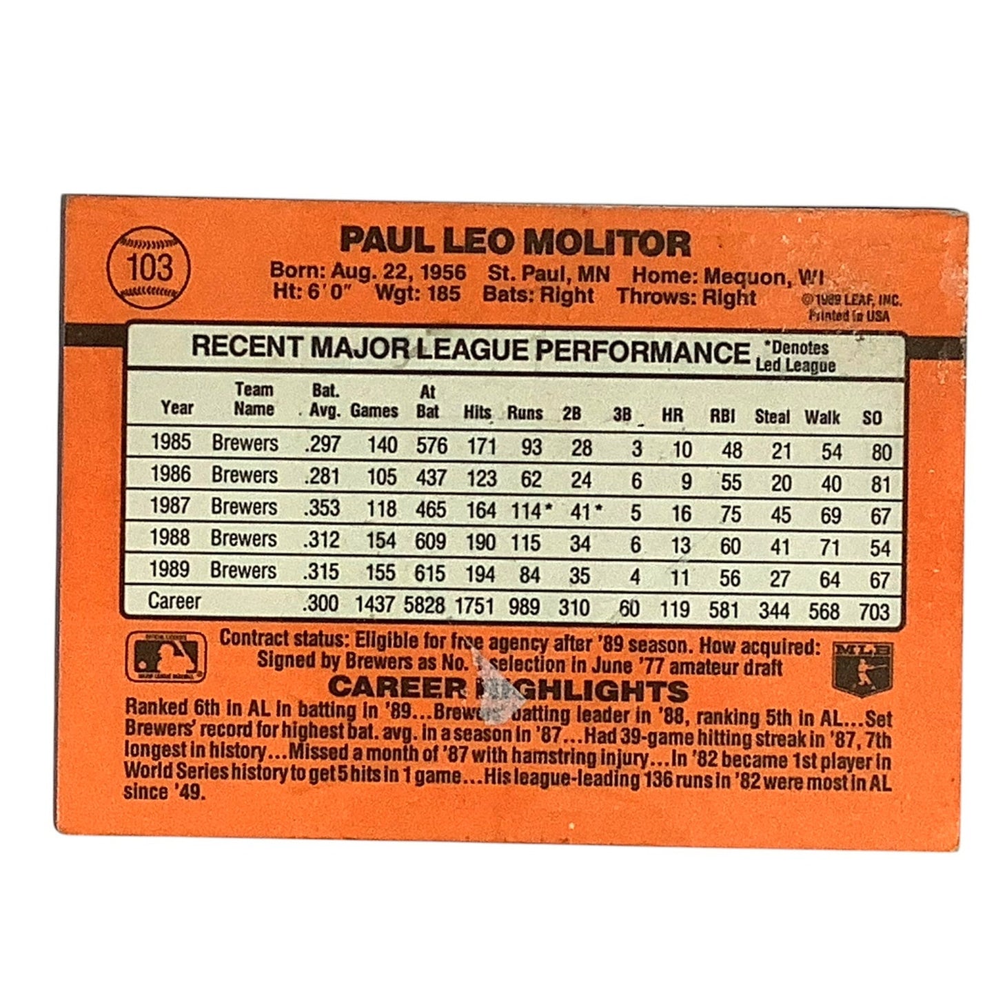 Paul Moliter, Milwaukee Brewers, MLB, Donruss 1990, Card 103, EXC