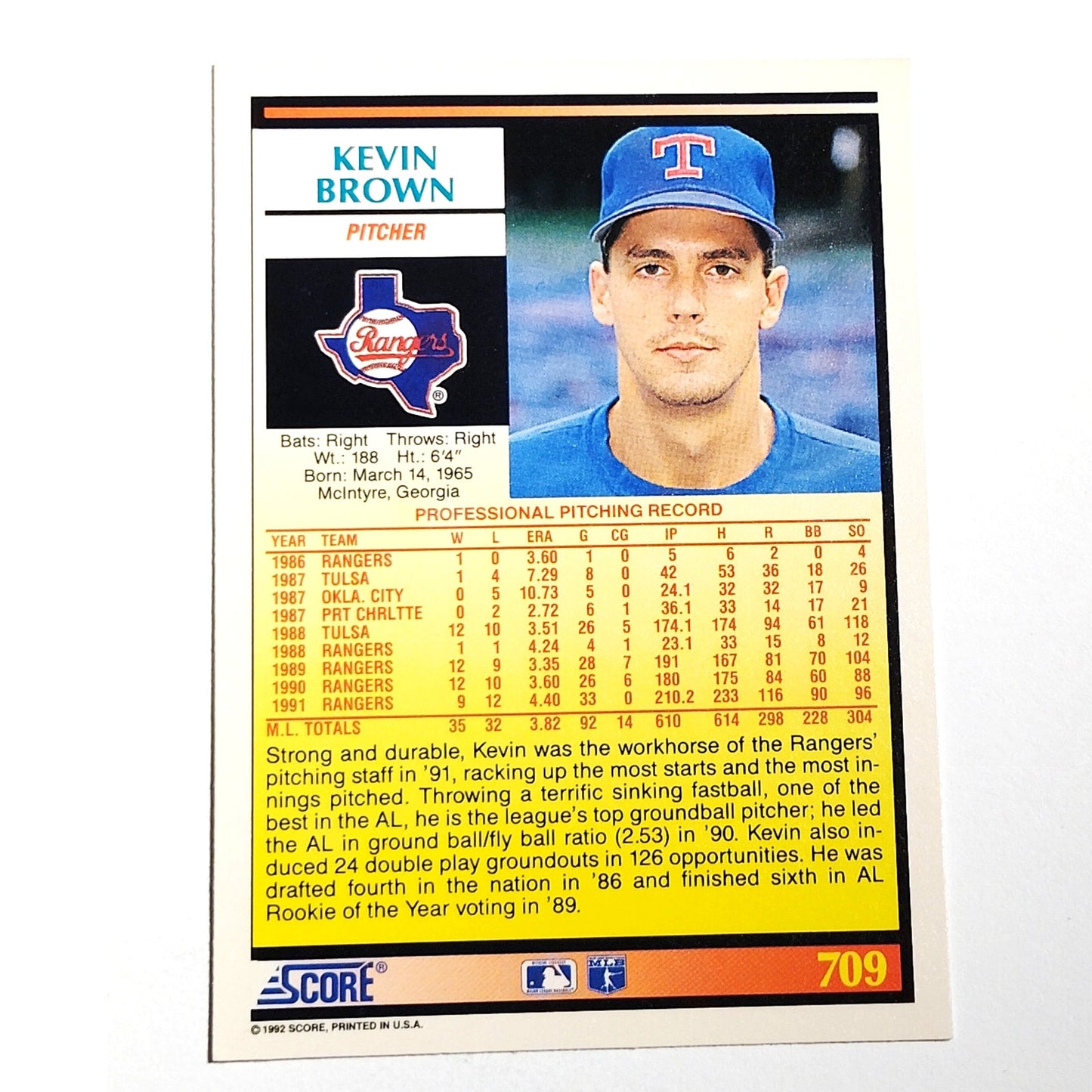 1992 Score Kevin Brown #709 Texas Rangers Pitcher Baseball Card NM