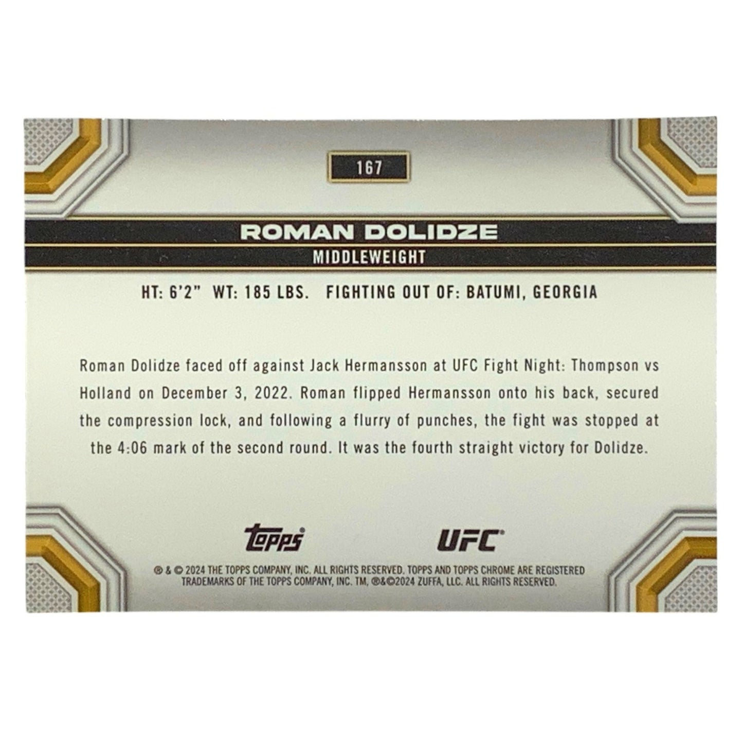 Roman Dolidze, UFC Middleweight, Card 167, 2024 Topps Chrome UFC, NM+
