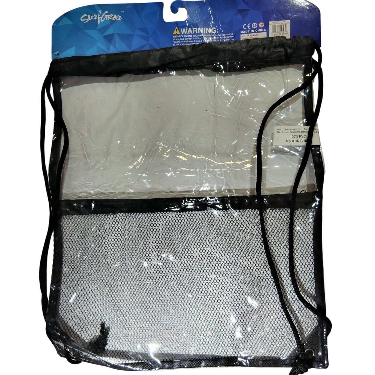 SurfGear Clear Drawstring Backpack Stadium Approved Transparent PVC Bag w/ Mesh Pouch Black