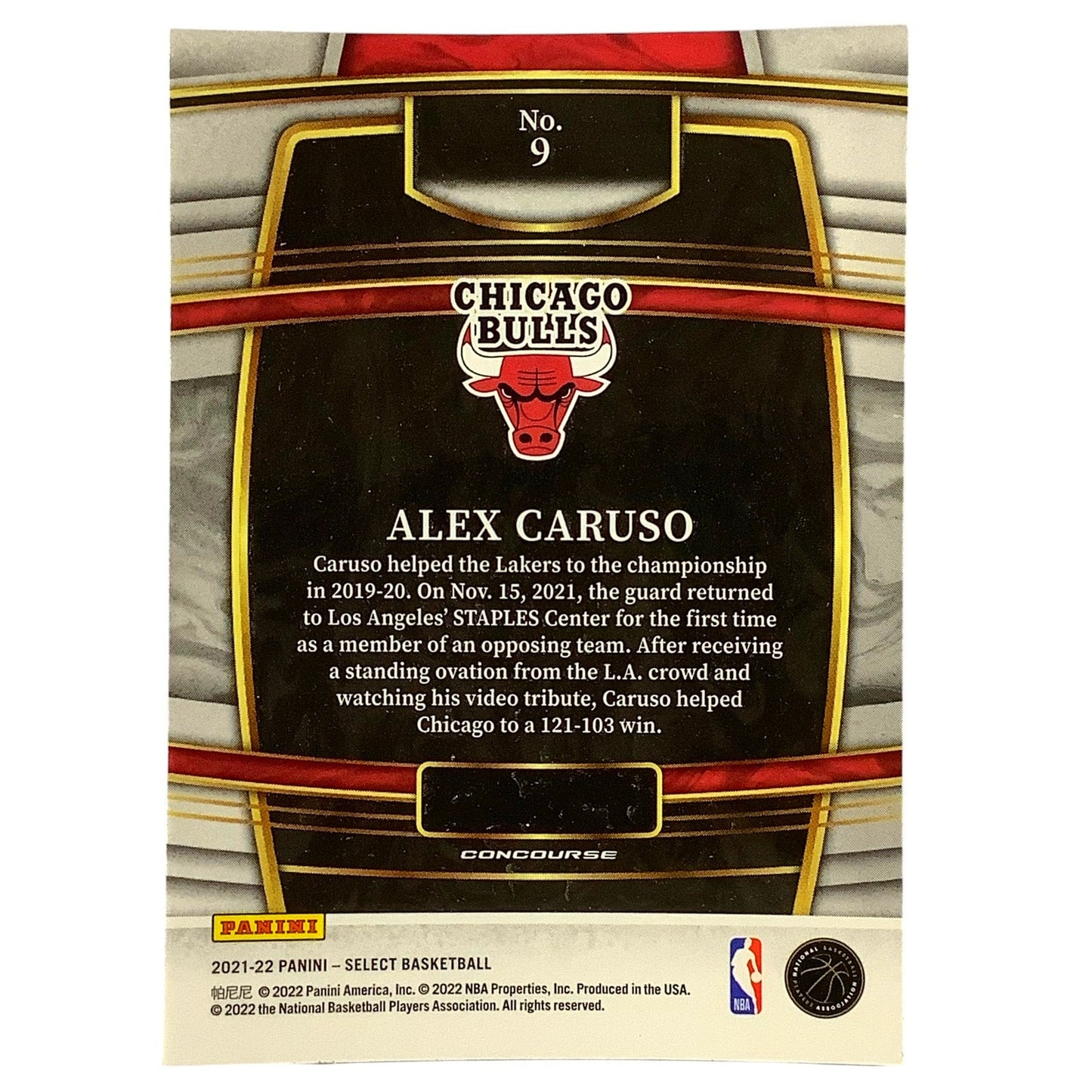 Alex Caruso, Chicago Bulls, Card #9, 2021-22 NBA Panini Select