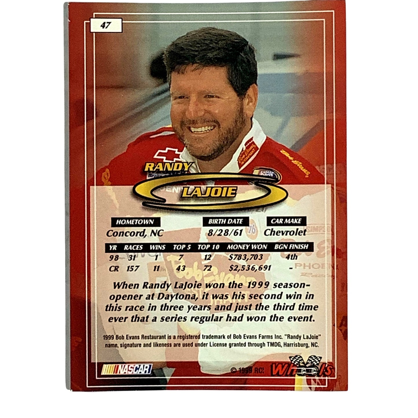 Randy LaJoie, Sponsor: Bob Evans, Card 47 1999 Wheels NASCAR Winston Cup, NM+