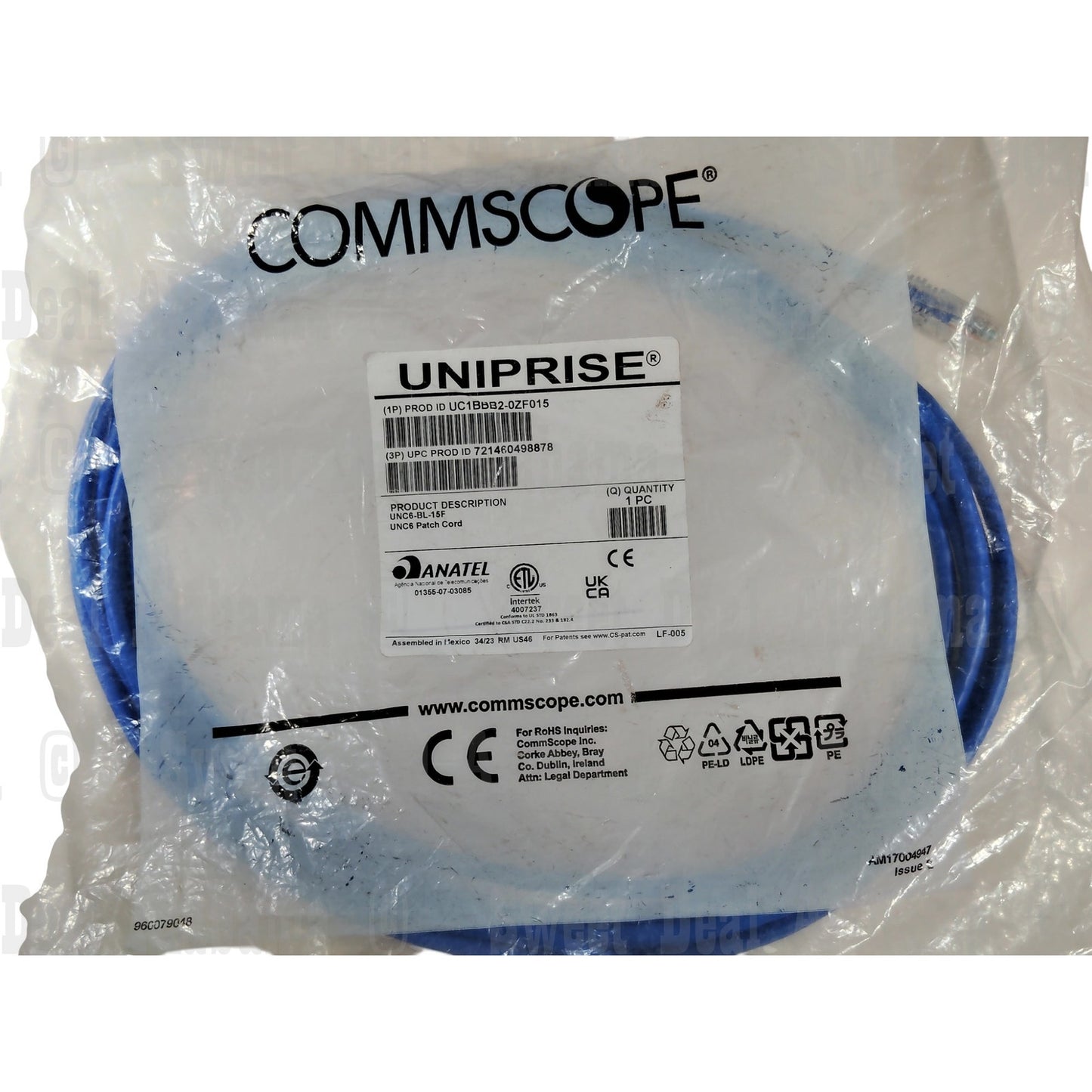 Commscope Uniprise CAT6 Patch Cable with clear Stress-relief boot, Blue, 15 Ft.