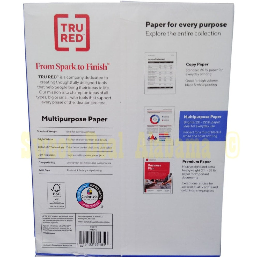 1 Ream, 500 Pages, TRU RED 8.5" X 11" Multipurpose Paper, 20 Lbs., 96 Brightness
