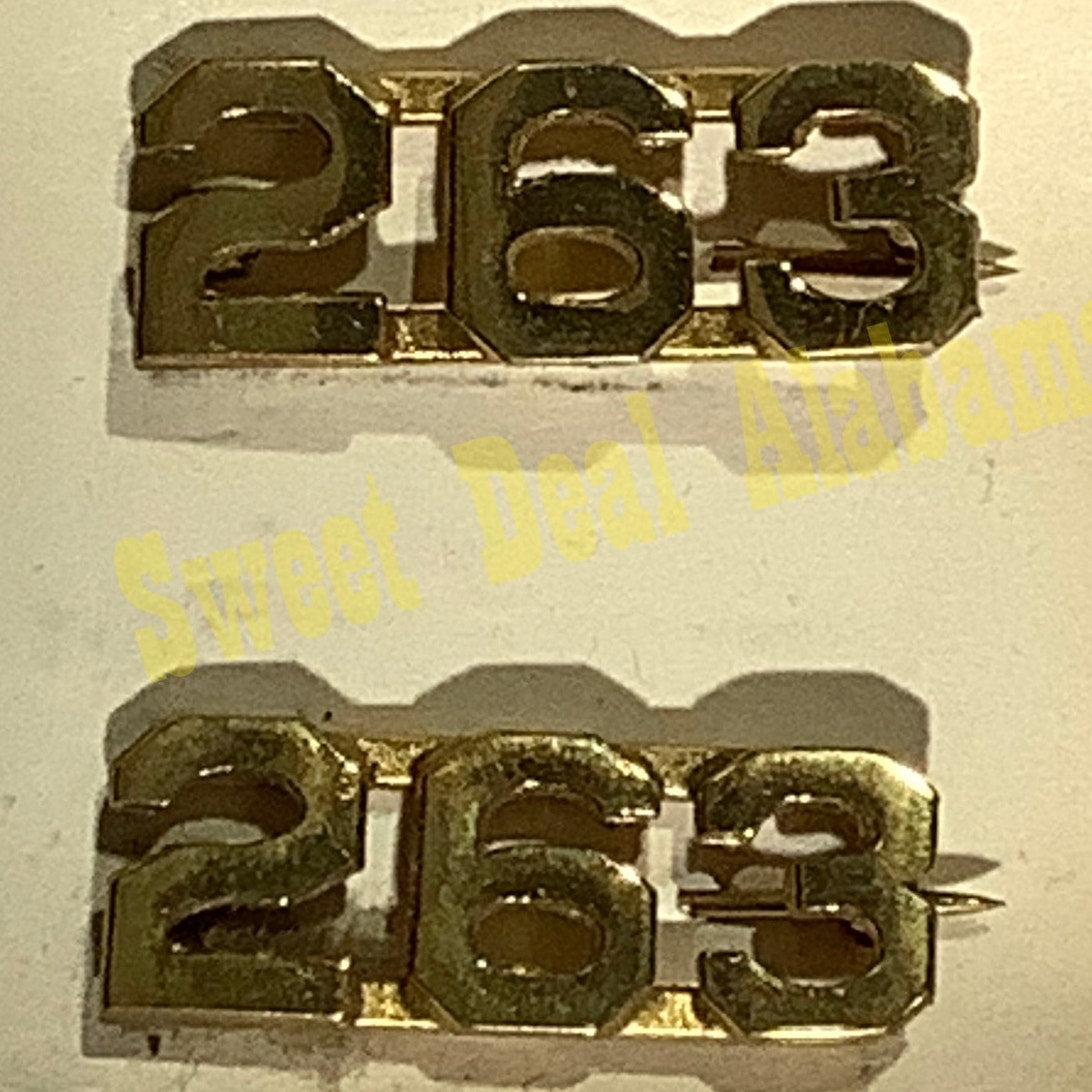 Early/Mid 1900s Brass C-Clasp "263" Collar Devices 3/8"H Hat / Lapel Pins Set