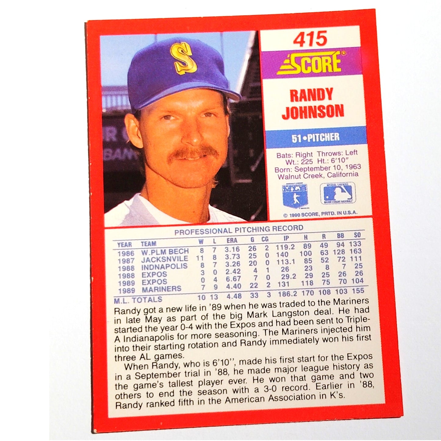 1990 Score Randy Johnson #415 Seattle Mariners Pitcher MLB Baseball EX