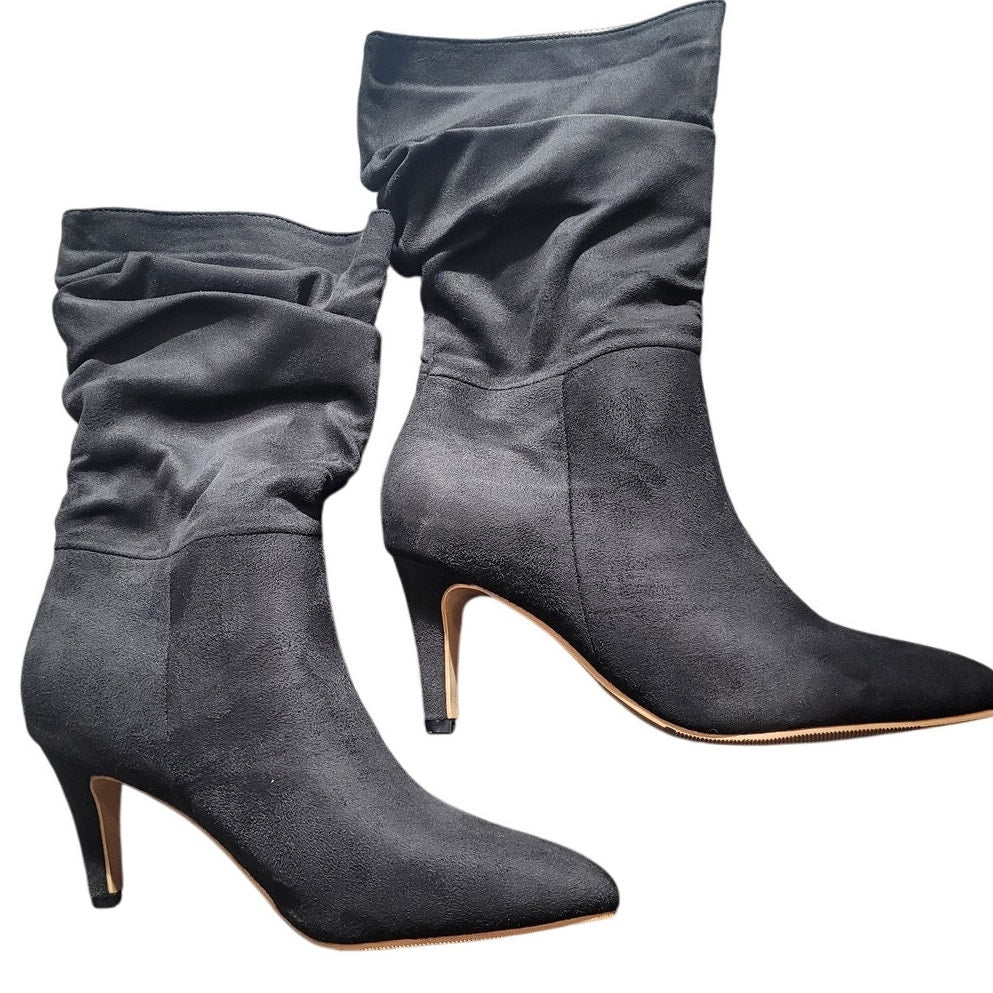 Mid Calf Boots Pleated Suede Stiletto Pointed Toe Slouchy Slip On Ankle Boots