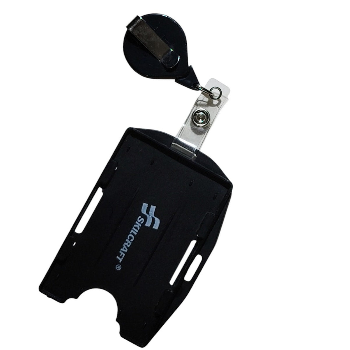 Skilcraft Dual-Sided Rigid Card Holder w/ 30" Retractable Cord Clear/Black