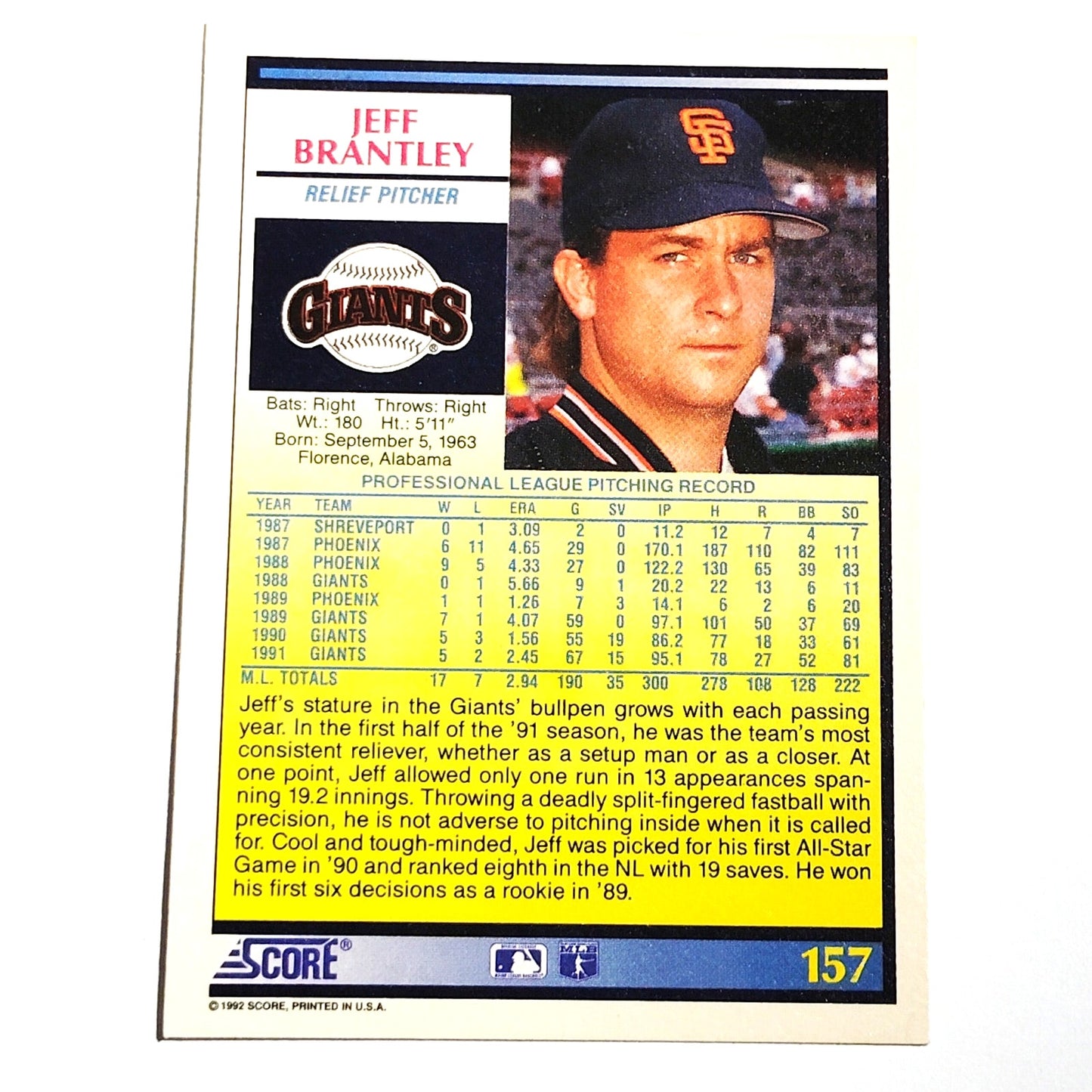 1992 Score Jeff Brantley #157 San Francisco Giants Relief Pitcher MLB NM
