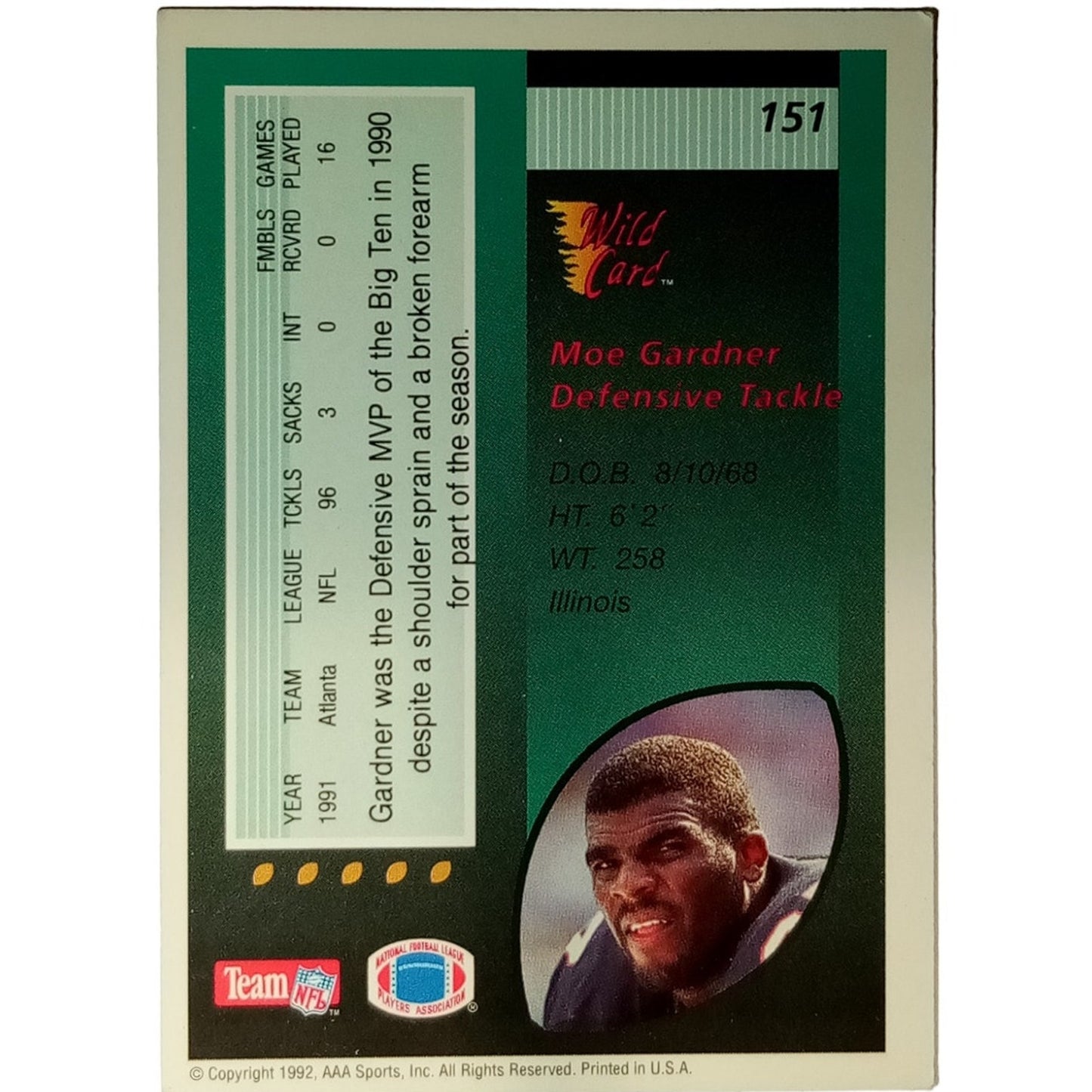 1992 Team NFL, AAA Sports, Inc., Wild Card Moe Gardner #151 Rookie RC