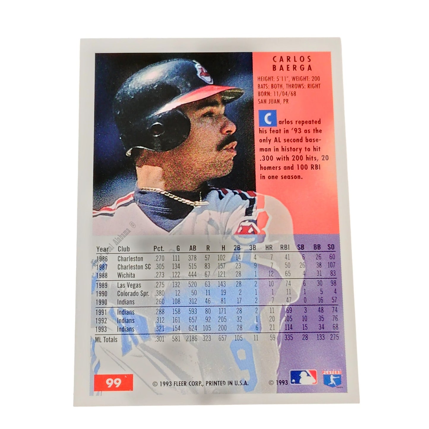 Carlos Baerga, Cleveland Indians #99, 1994 Fleer Baseball Collector's Card