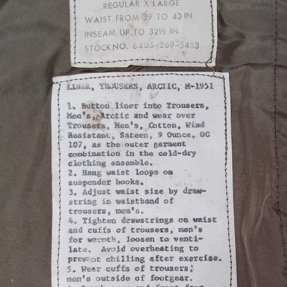 US Army Arctic M-1951 Trousers Liner Regular X-Large – NSN 8405-269-5483