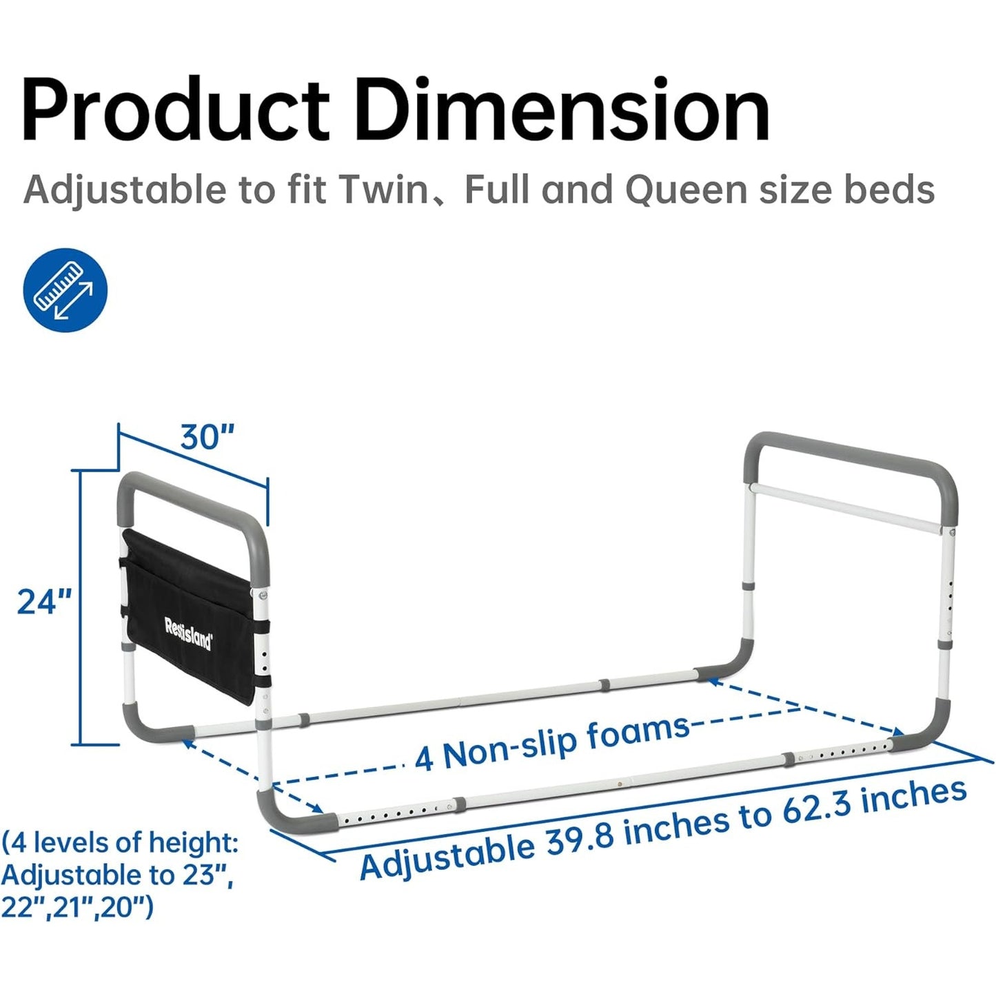 Dual Side Safety Bed Rail Adjustable Height & Width Fits Queen, Full, Twin