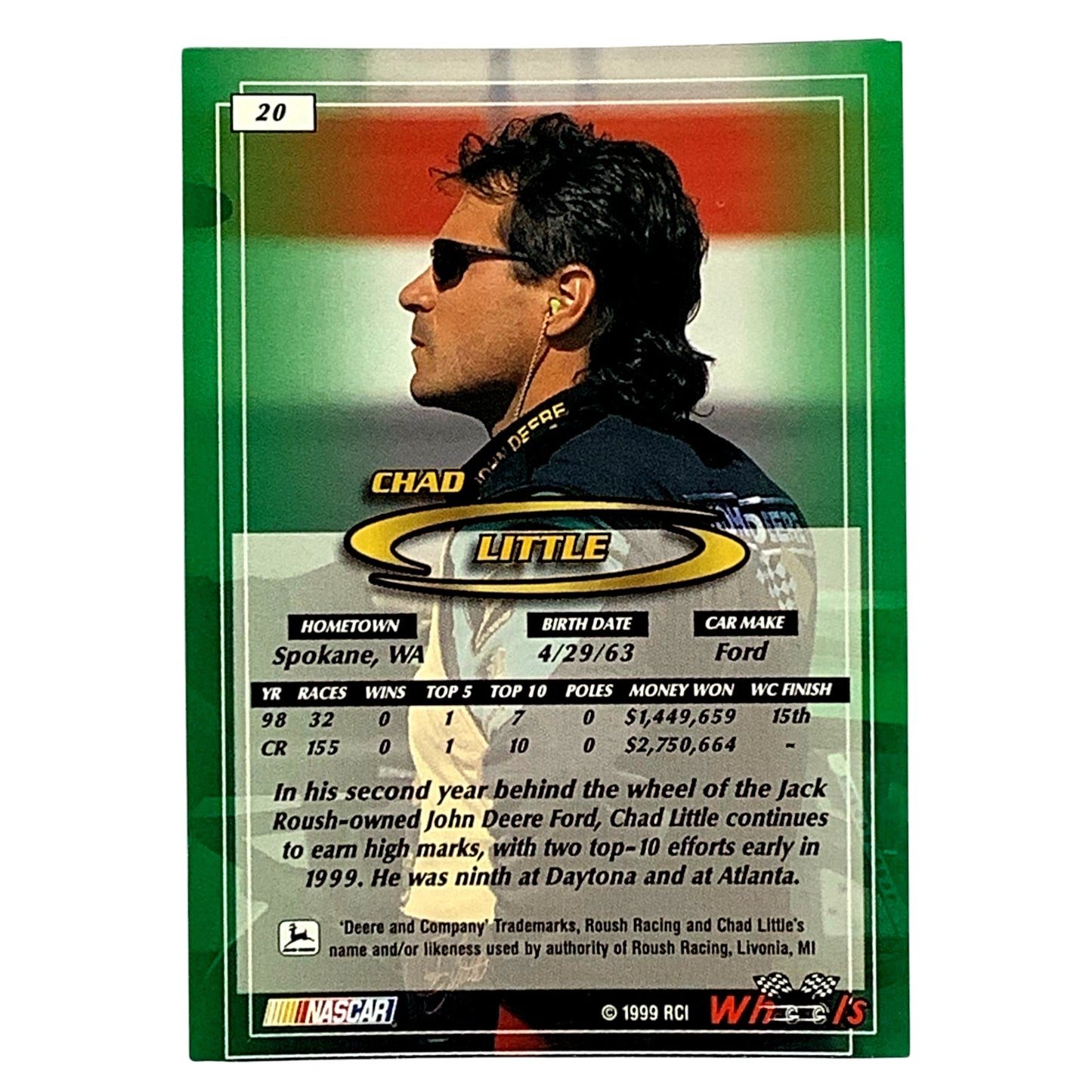 Chad Little, Sponsor: John Deere, Card 20, 1999 Wheels NASCAR Winston Cup, NM+