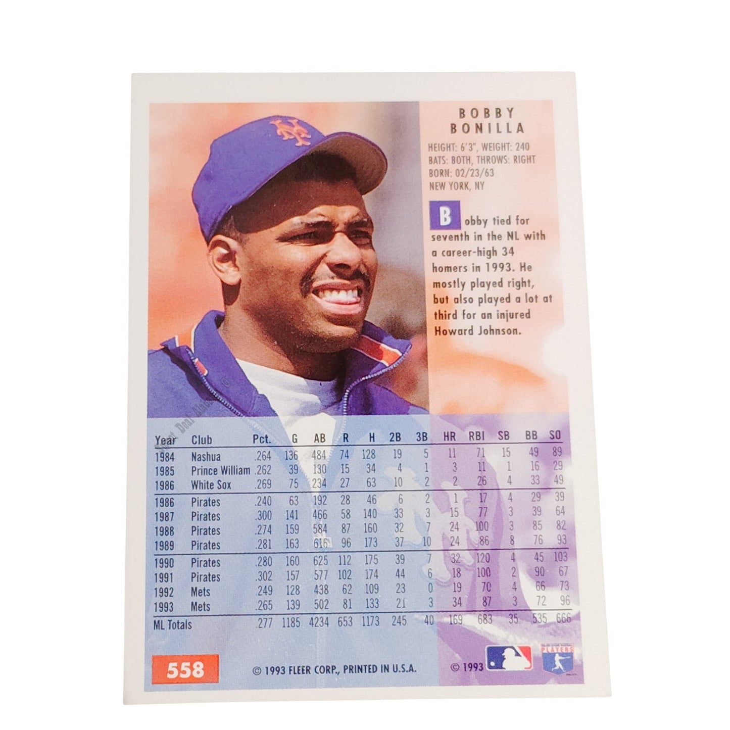 Bobby Bonilla, New York Mets, #558, 1994 Fleer Baseball Collector's Card