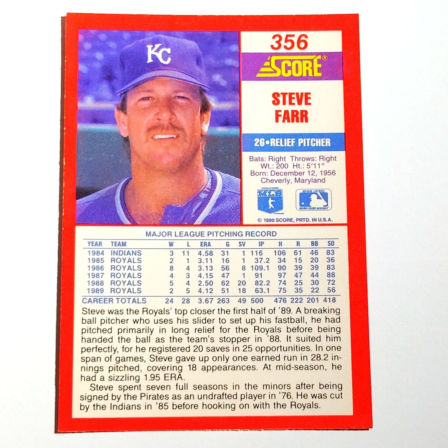 1990 Score Steve Farr #356 Kansas City Royals Pitcher MLB Baseball EX