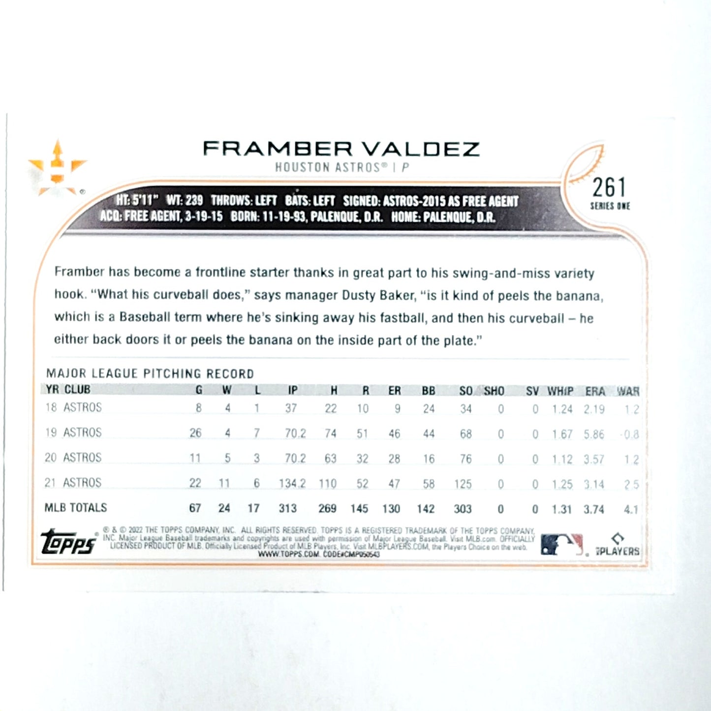 2022 Topps Series 1 #261 Framber Valdez Houston Astros Pitcher - VG/EX