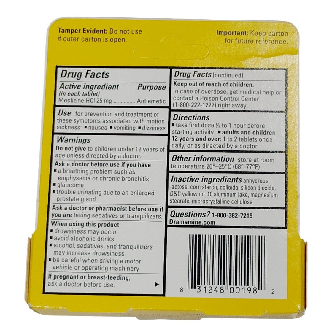 Dramamine Motion Sickness Relief Less Drowsy Formula Travel 8 Tabs Exp. 03/2027