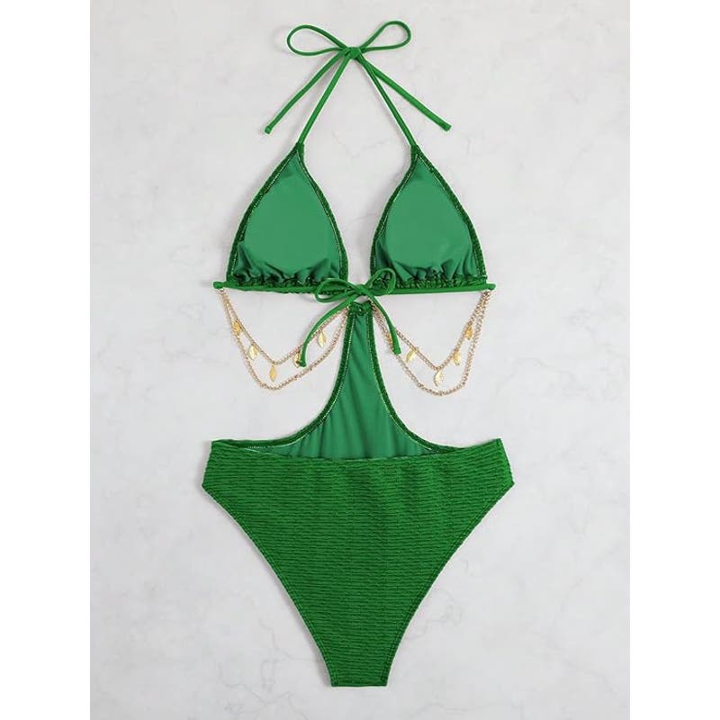 OYOANGLE Chain Linked Cut Out Halter 1-Piece Tummy Control, Army Green, XL (14)