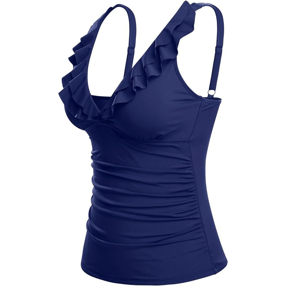 Yonique Tankini Top Only Tummy Control Top Ruffle Swimsuit Top V-Neck, L (12-14)