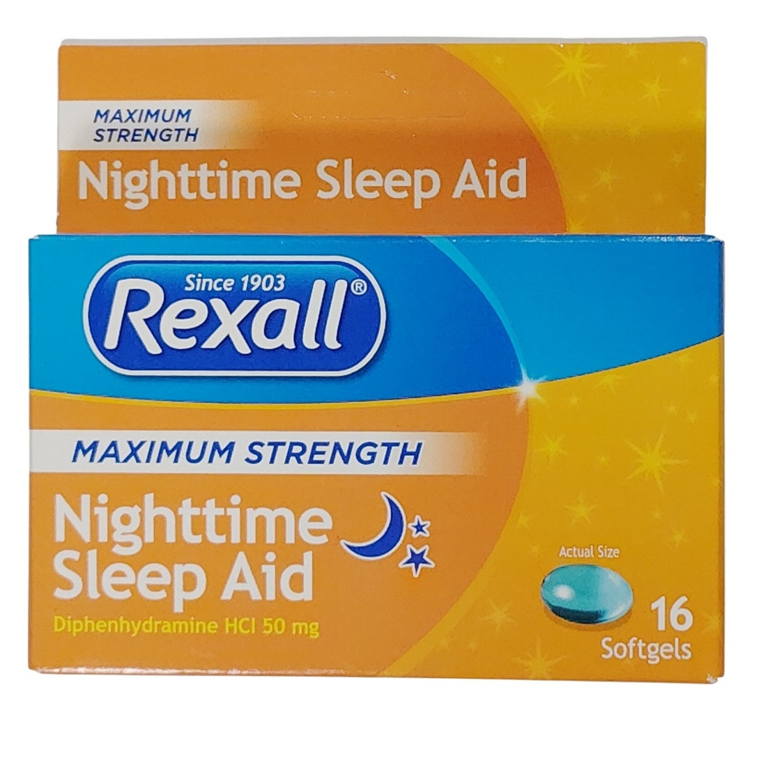 Rexall Max Strength Nighttime Sleep Aid – Diphenhydramine 50mg – 16 Softgels – Exp. 10/2026